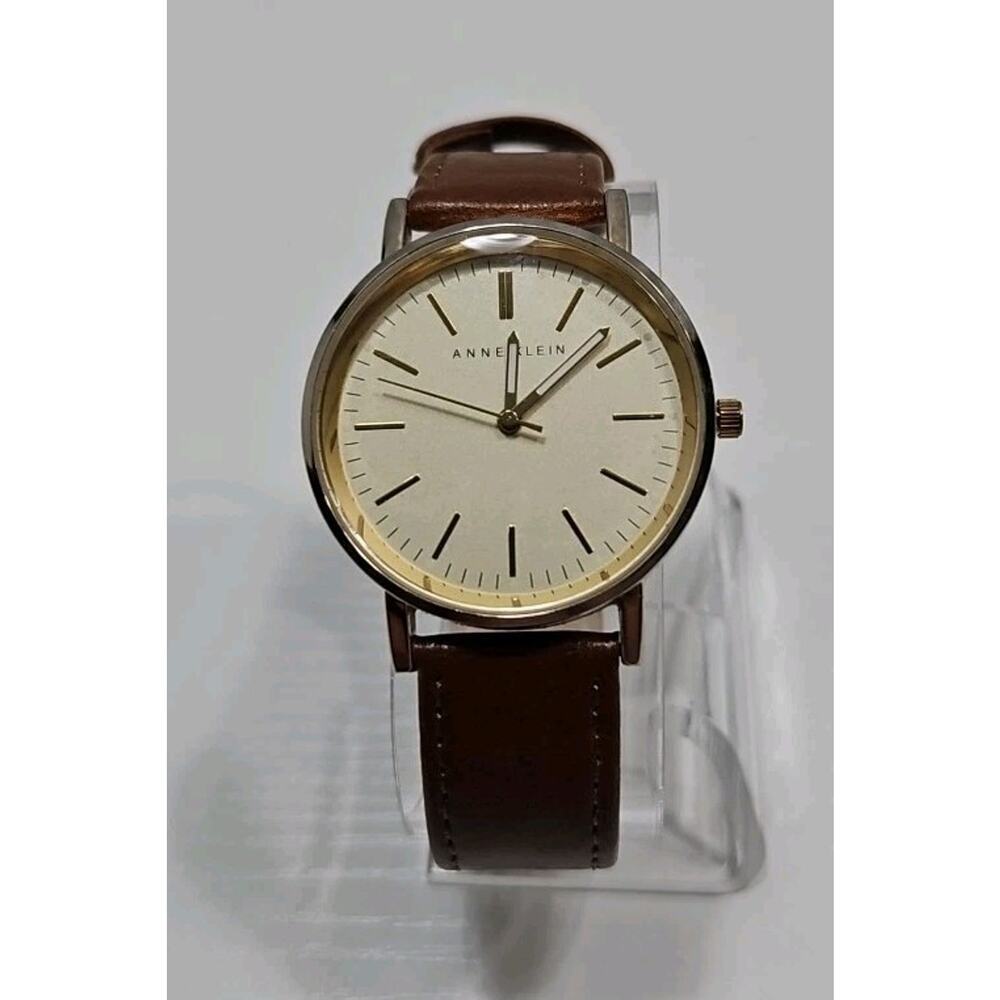 Anne Klein Gold Tone Brown Leather Band Quartz Watch AK/1780 New Battery W126